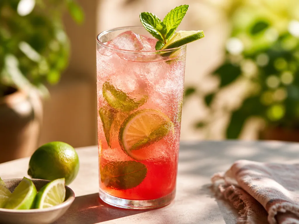 Färgglad alkoholfri drink i högt glas med is, mynta och limeskiva