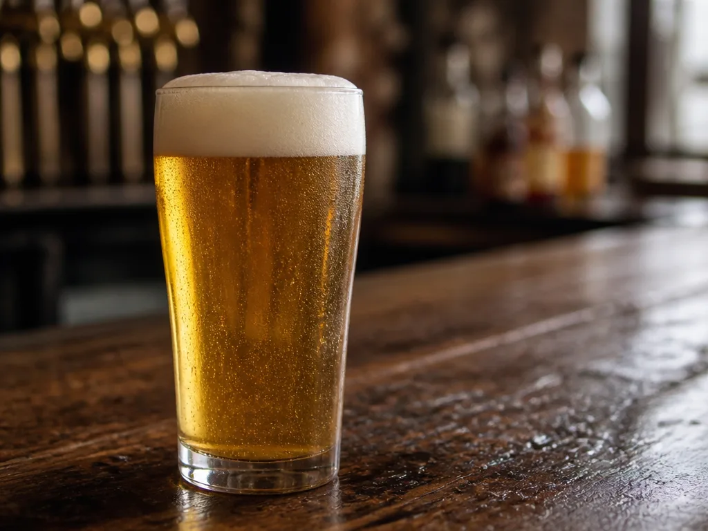 Ett glas ljusgyllene alkoholfri öl med vit skumkrona på en rustik bardisk