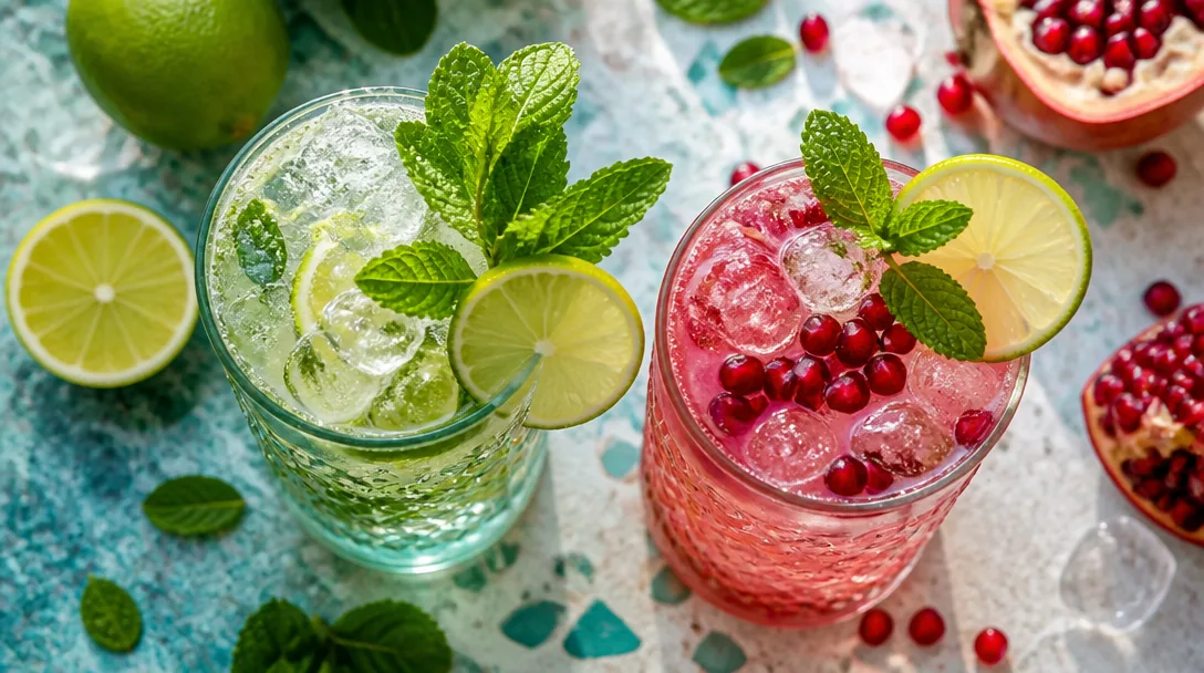 Alkoholfri drink med bär, mynta och citrus i glas