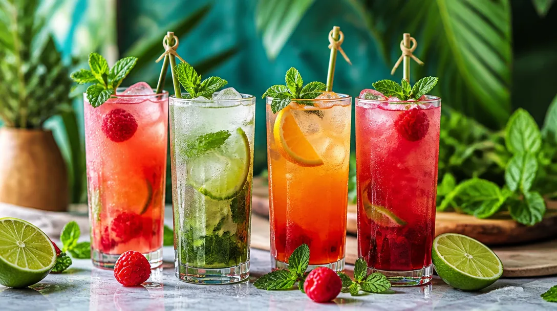 Färgglada alkoholfria mocktails med garnering