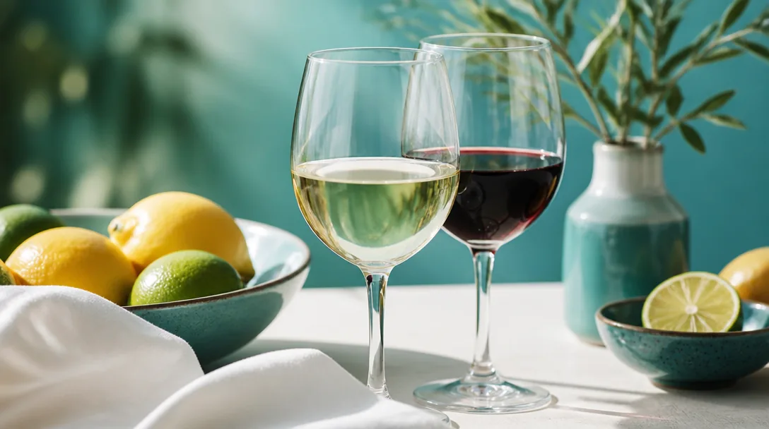 Rött och vitt alkoholfritt vin i två glas