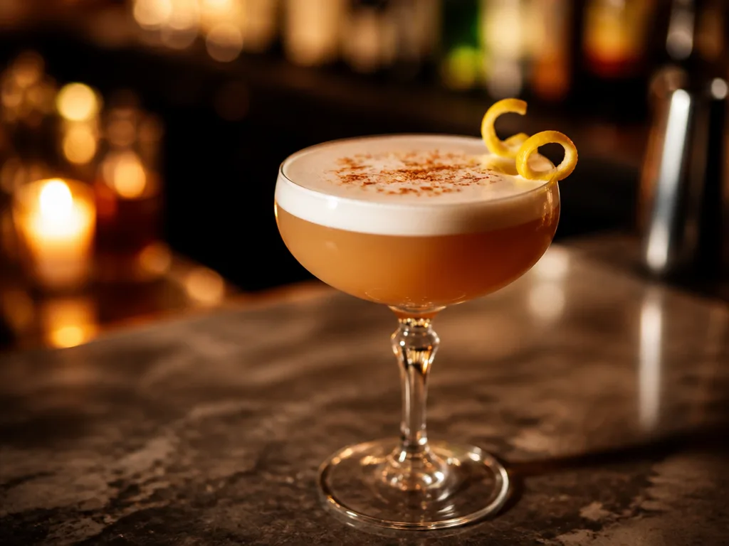 Amaretto Sour i coupeglas med krämigt äggviteskum och Angostura bitters