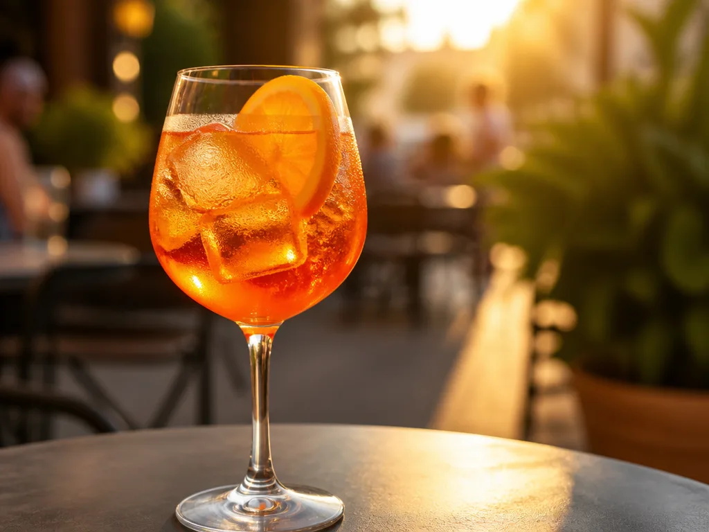 Orange spritzdrink i stort vinglas med is och apelsinskiva på ett cafébord