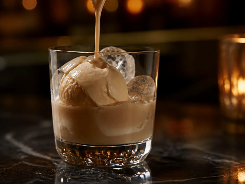Krämig Baileys-drink i lågt glas med is bredvid en skopa vaniljglass