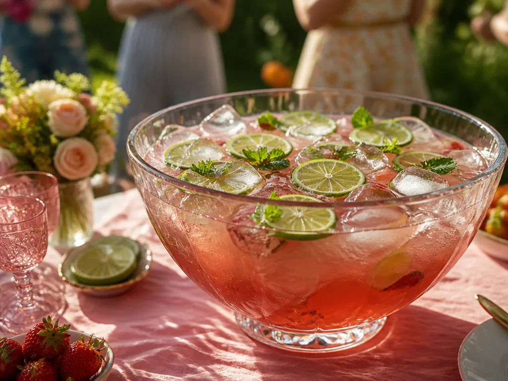 Stor glasskål med fest-bål, limeskivor, myntablad och isbitar på ett sommarbord utomhus