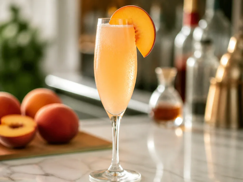 Bellini i champagneglas med persikofärgad bubblig drink och en tunn persikoskiva som garnering