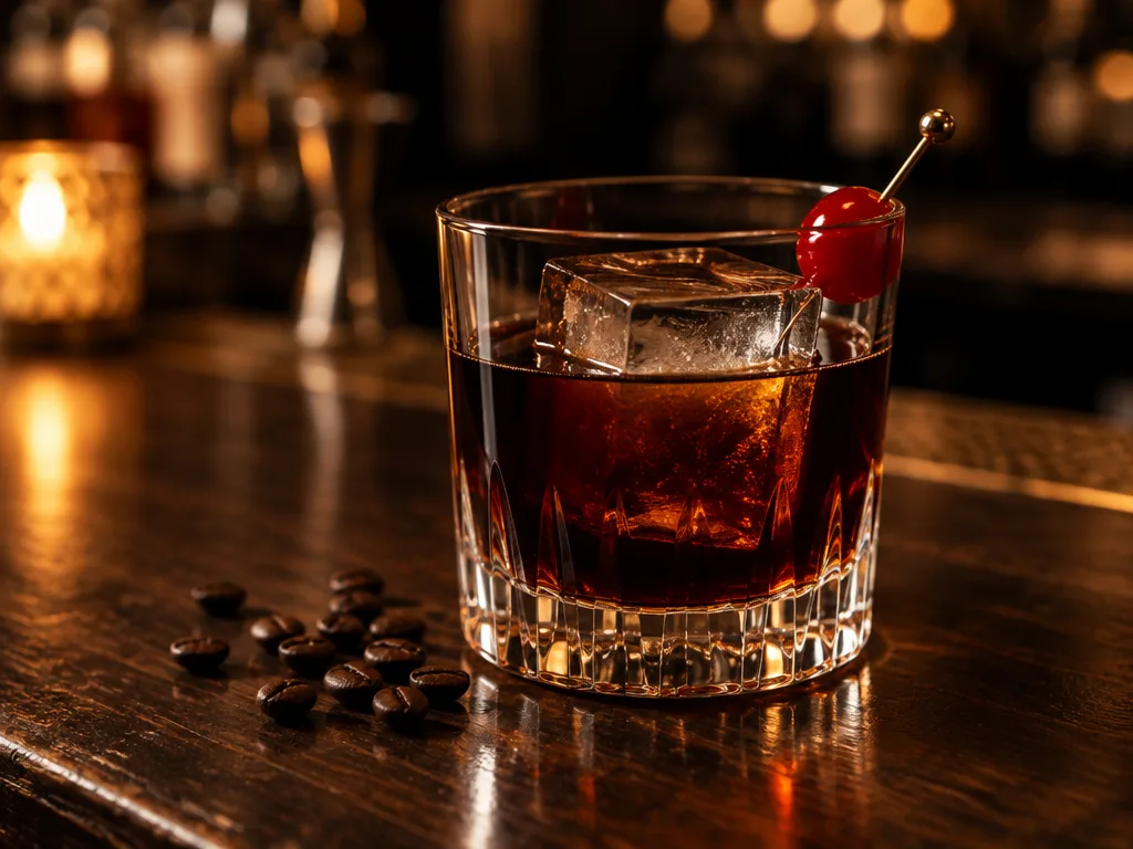 Black russian i ett slipat old fashioned-glas med en stor iskub och ett rött cocktailbär på pinne, kaffebönor på en mörk bardisk i varmt kvällsljus