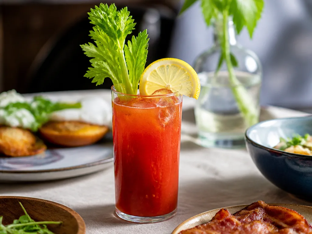 Bloody mary i högt glas med is, garnerad med selleristjälk och citronskiva på ett brunchbord