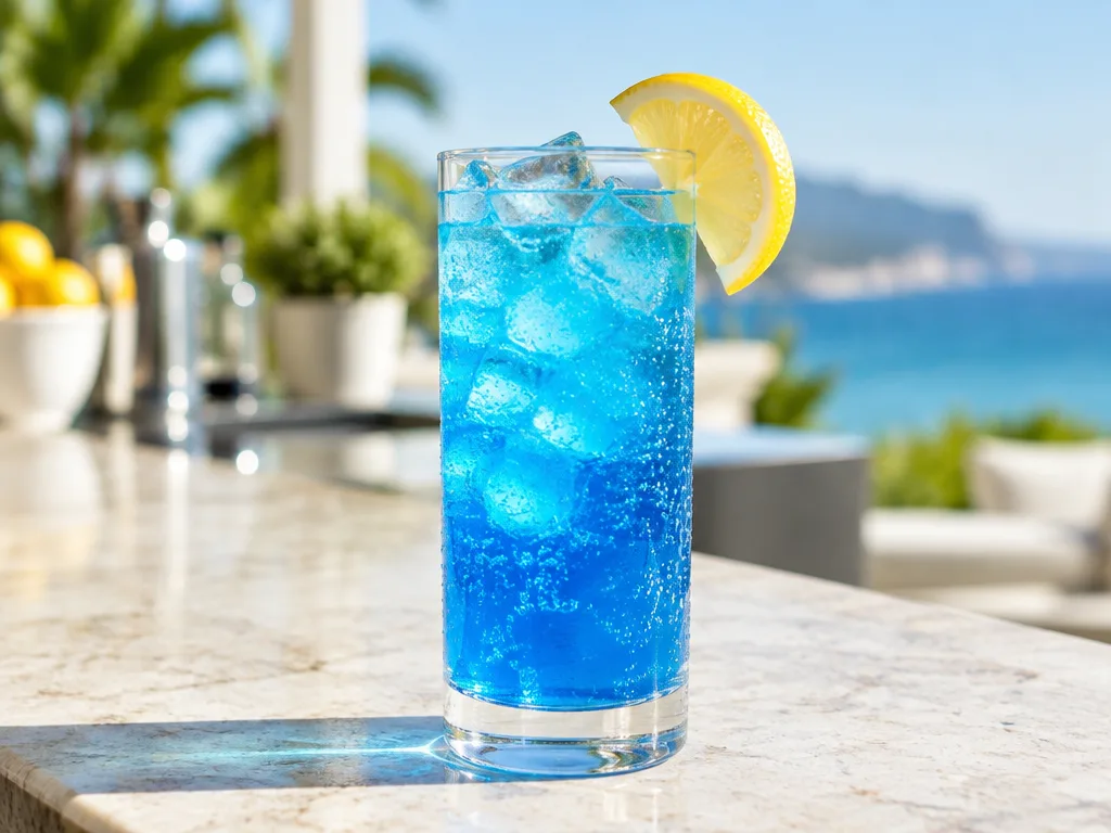 Blue lagoon i ett högt highballglas fyllt med is och klarblå drink, en citronklyfta på kanten, på en ljus stenbardisk med havet i bakgrunden
