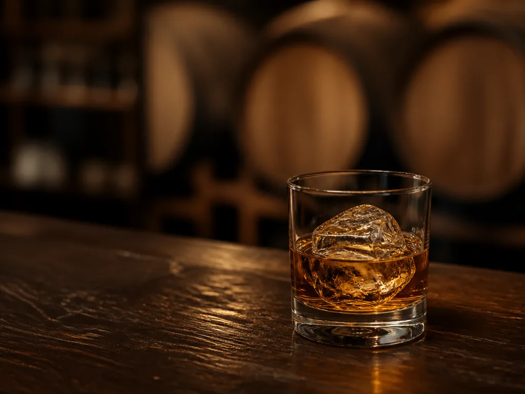 Glas bourbon whiskey med en stor isbit på en mörk bardisk, ekfat i bakgrunden
