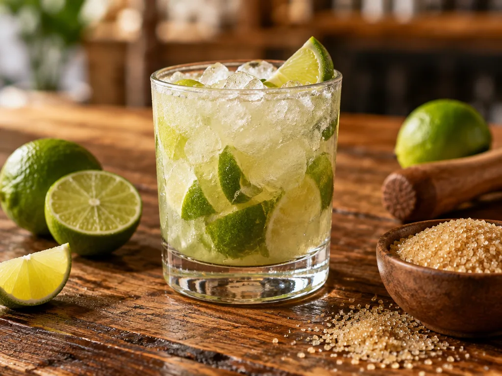 Caipirinha i ett lågt glas med krossad is och muddlade limeklyftor, bredvid färsk lime, rörsocker och en muddler på en träbänk