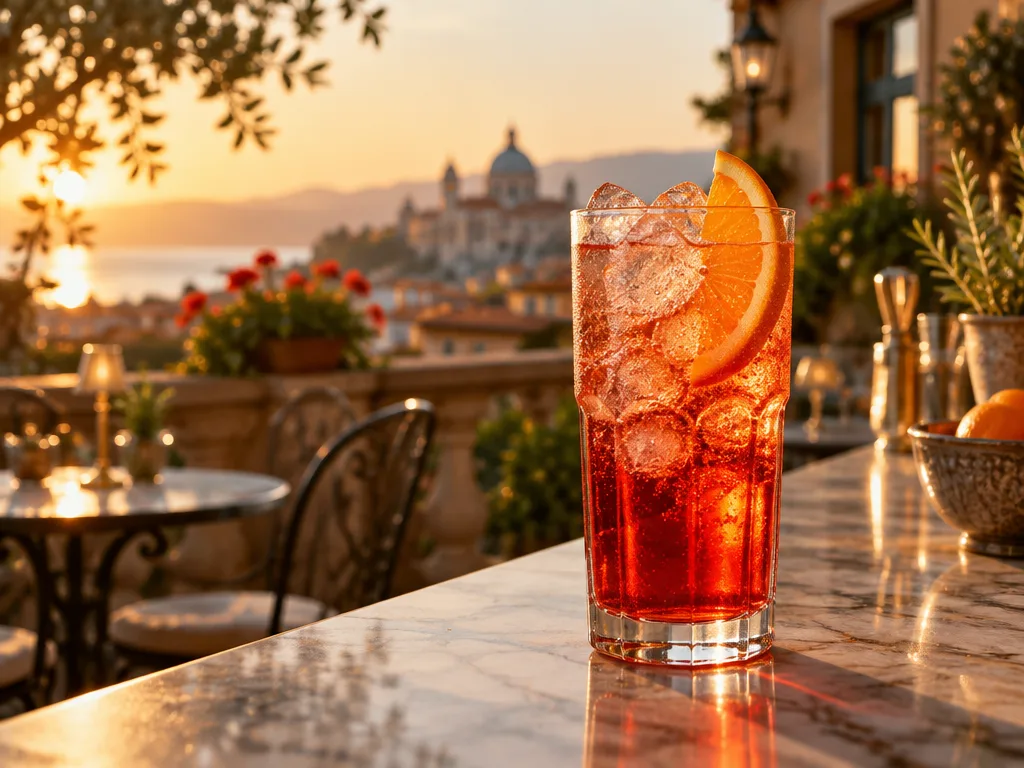 Campari soda i ett highballglas med is och en apelsinskiva på en marmorbardisk på en italiensk terrass i kvällssol