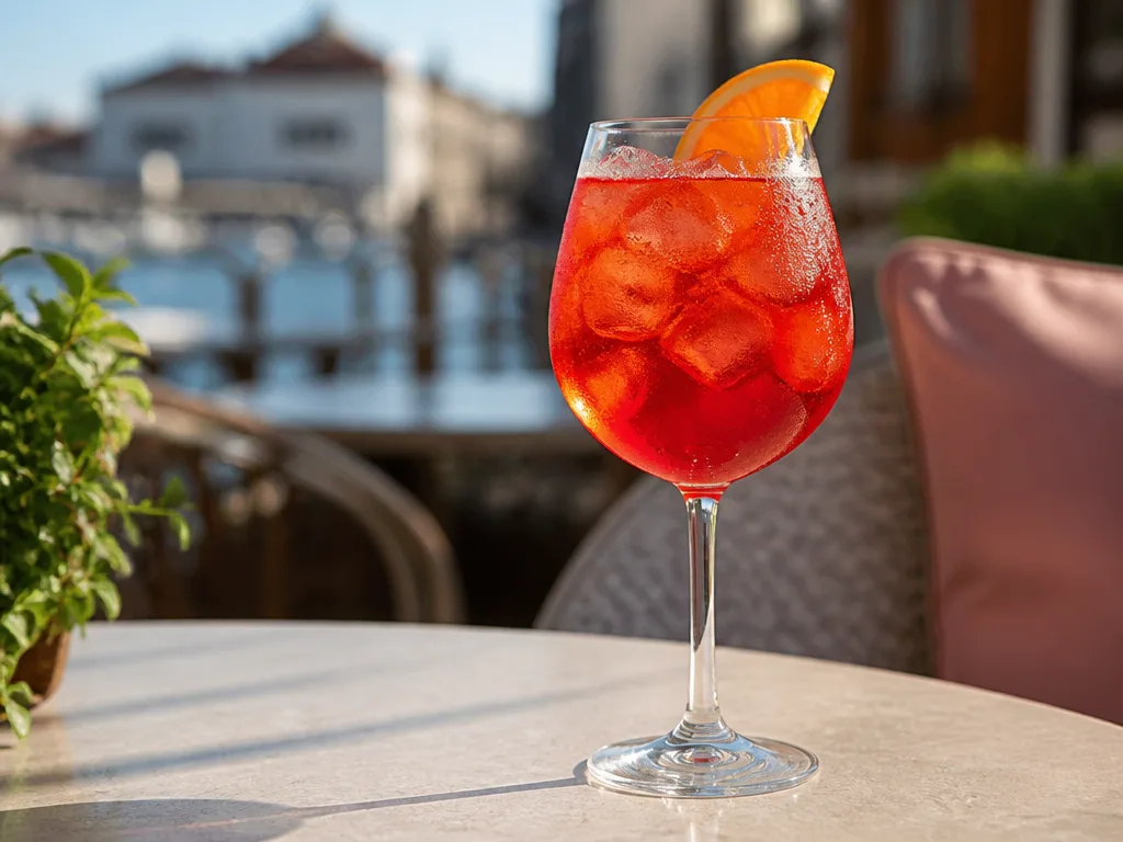 Campari Spritz i ett vinglas med is och en apelsinklyfta på ett soligt uteserveringsbord