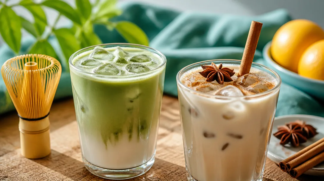 Iskall och varm matcha latte och chai latte med skum, garnerade på ett ljust bord