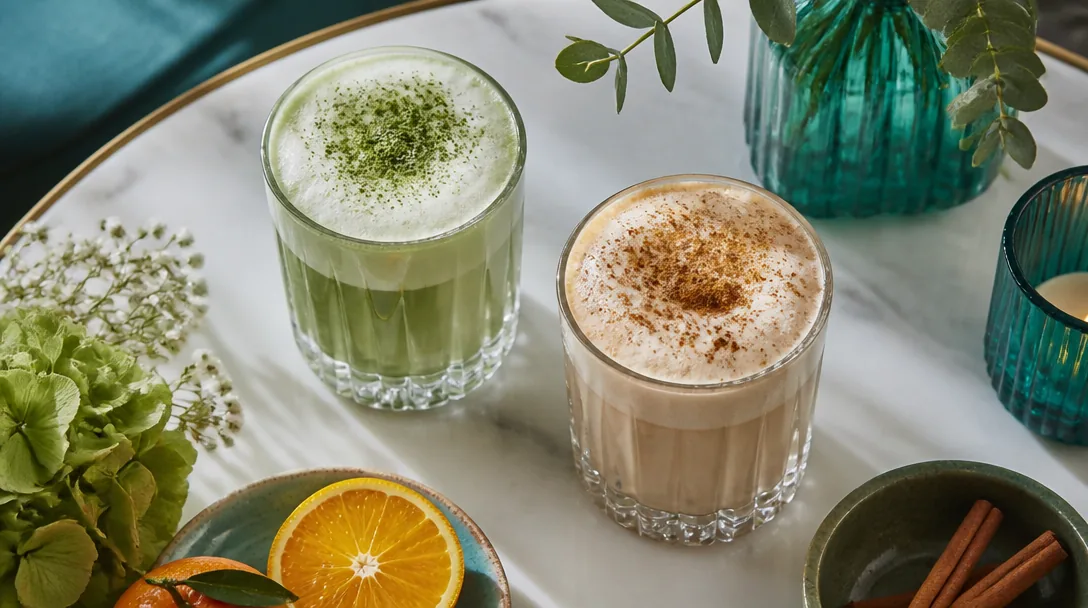 Chai latte och matcha latte i glas med krämigt mjölkskum, ljust och fräscht
