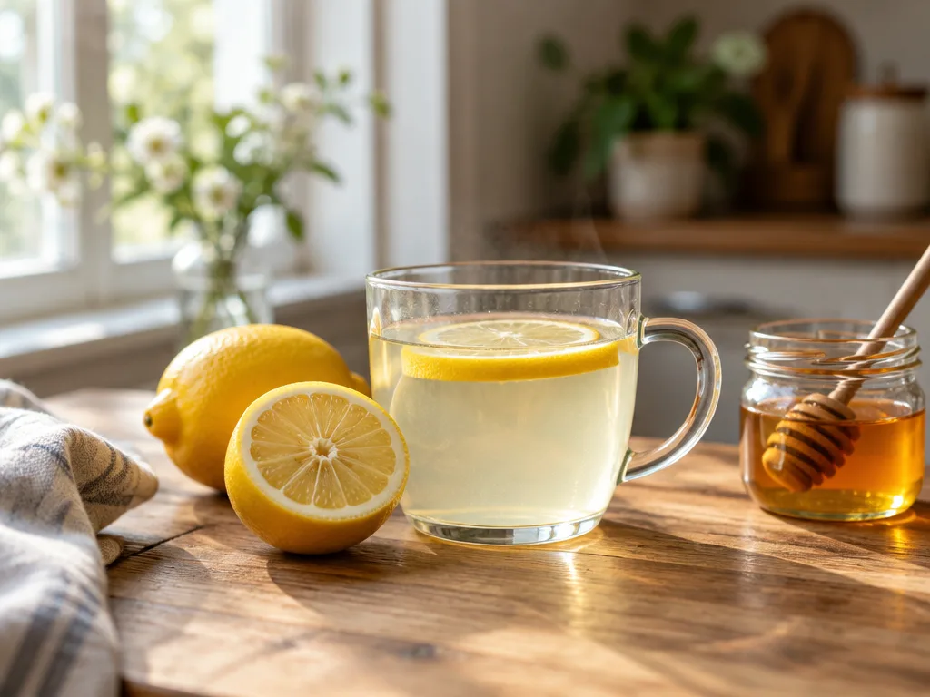 Glasmugg med varmt citronvatten och en citronskiva bredvid halverad citron och en burk honung på ett träbord i morgonljus