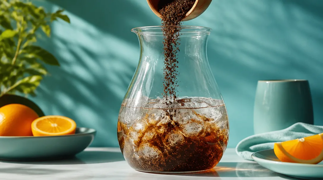 Kallbryggt kaffe dras i karaff med malet kaffe