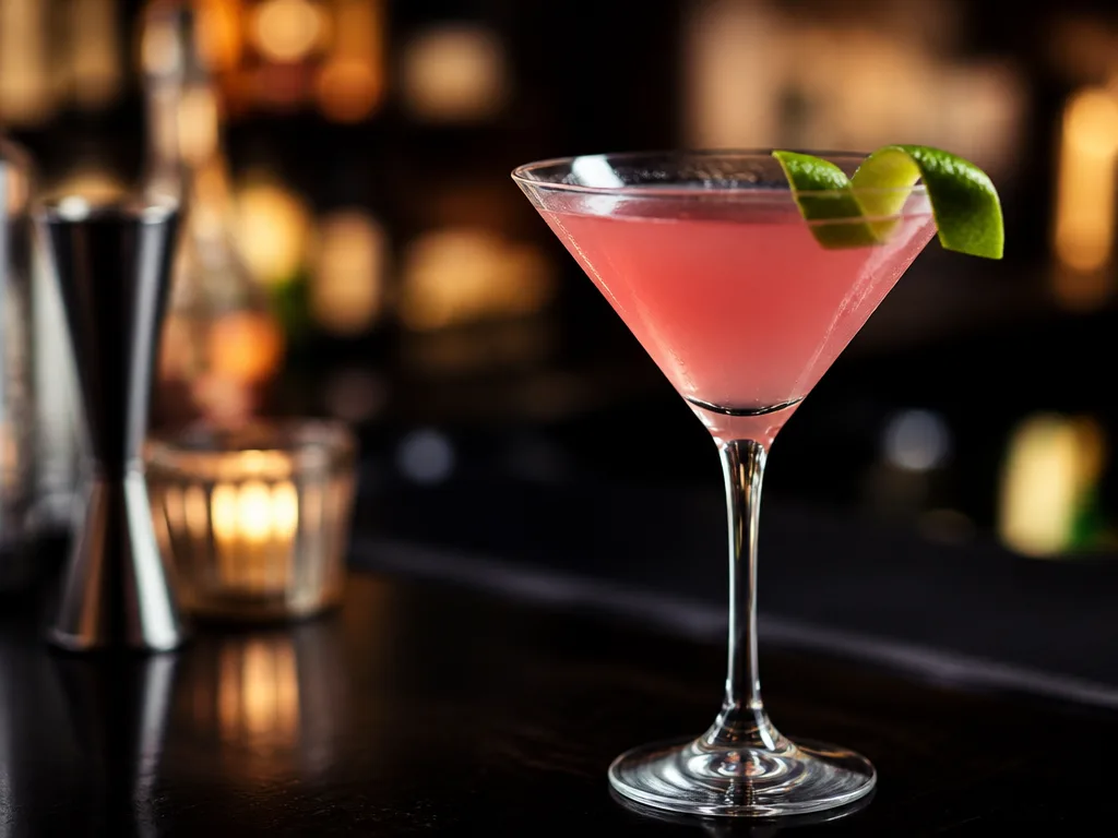 Rosa Cosmopolitan i martiniglas med limetwist på en mörk bardisk