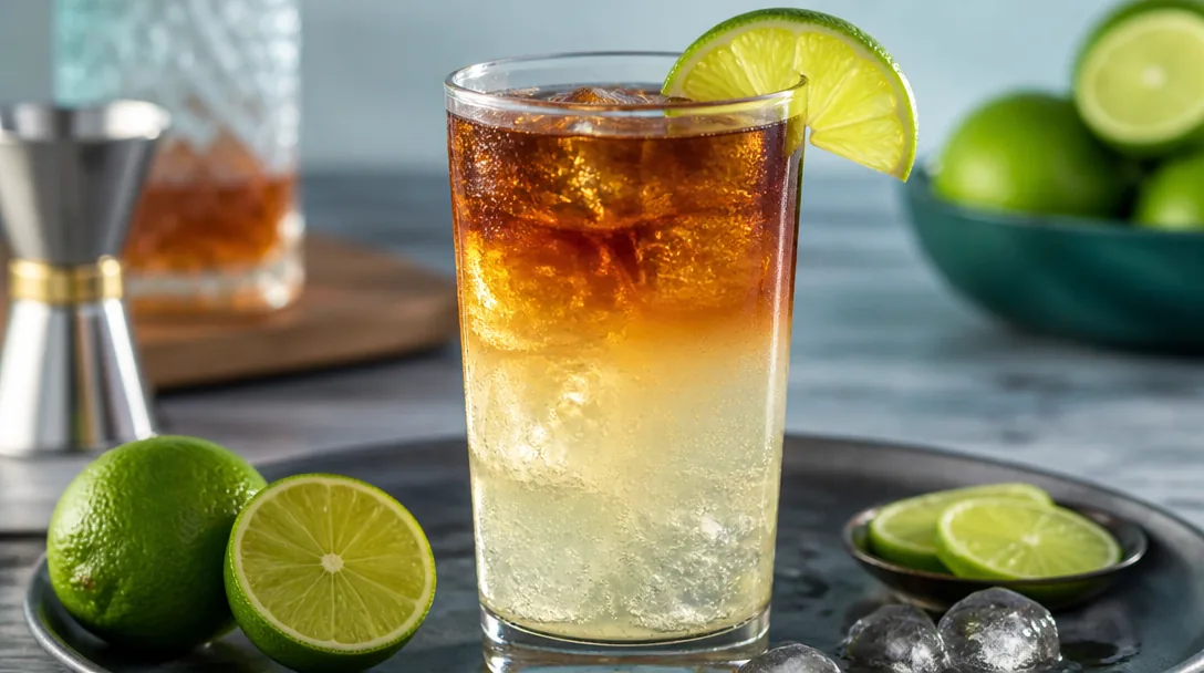 Dark and Stormy i highball-glas med mörk rom-floater och limeklyfta