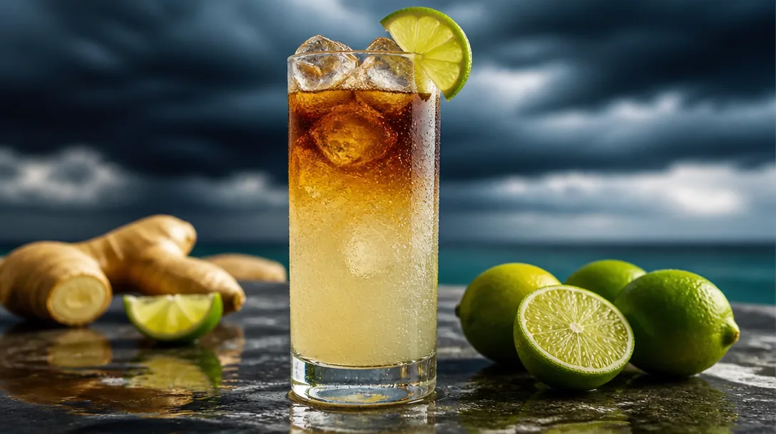 Dark and Stormy i highball-glas med mörk rom som flyter ovanpå ljus ginger beer, limeklyfta på kanten