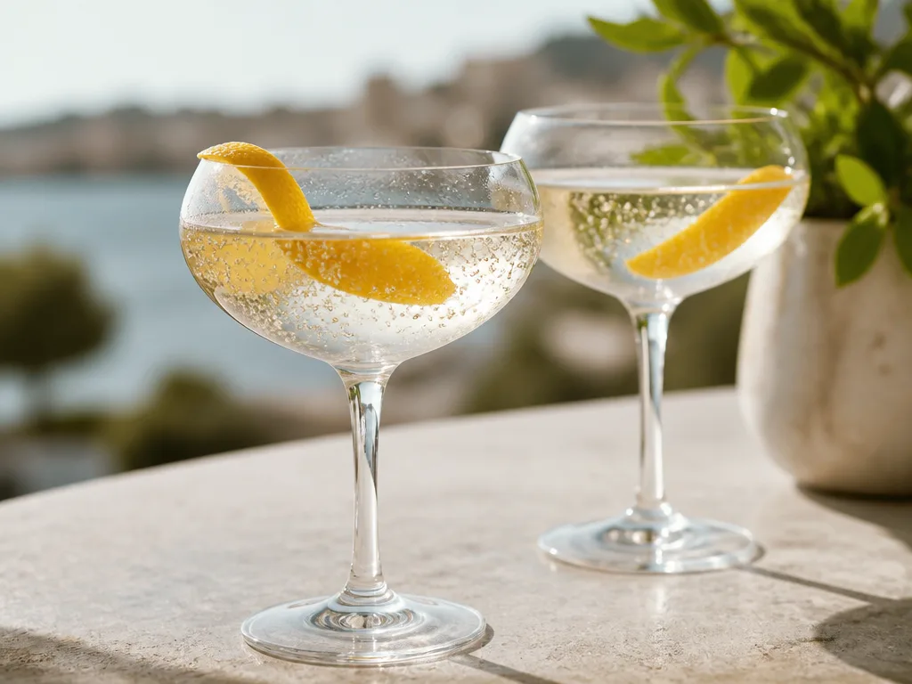 Två drinkar med gin och prosecco i vinglas med citrusgarnering och bubblor