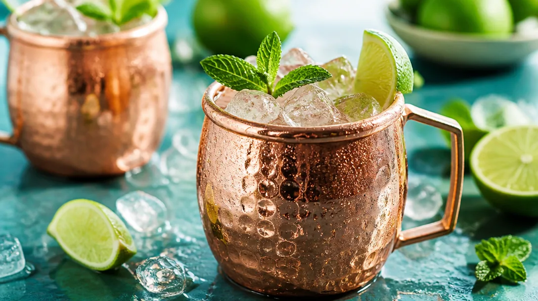 Vodkadrinkar med lime och ginger beer i kopparmuggar