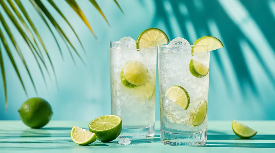 Kall vodkadrink i highballglas med lime och is mot teal bakgrund