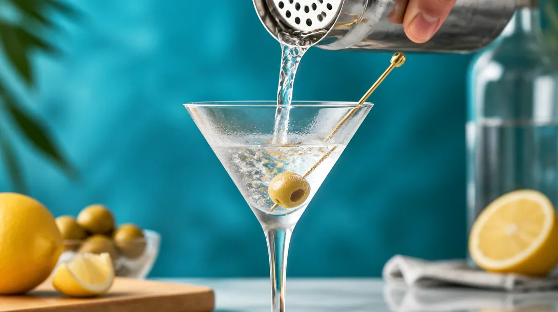 Dry martini hälls upp i kylt martiniglas med olivgarnering