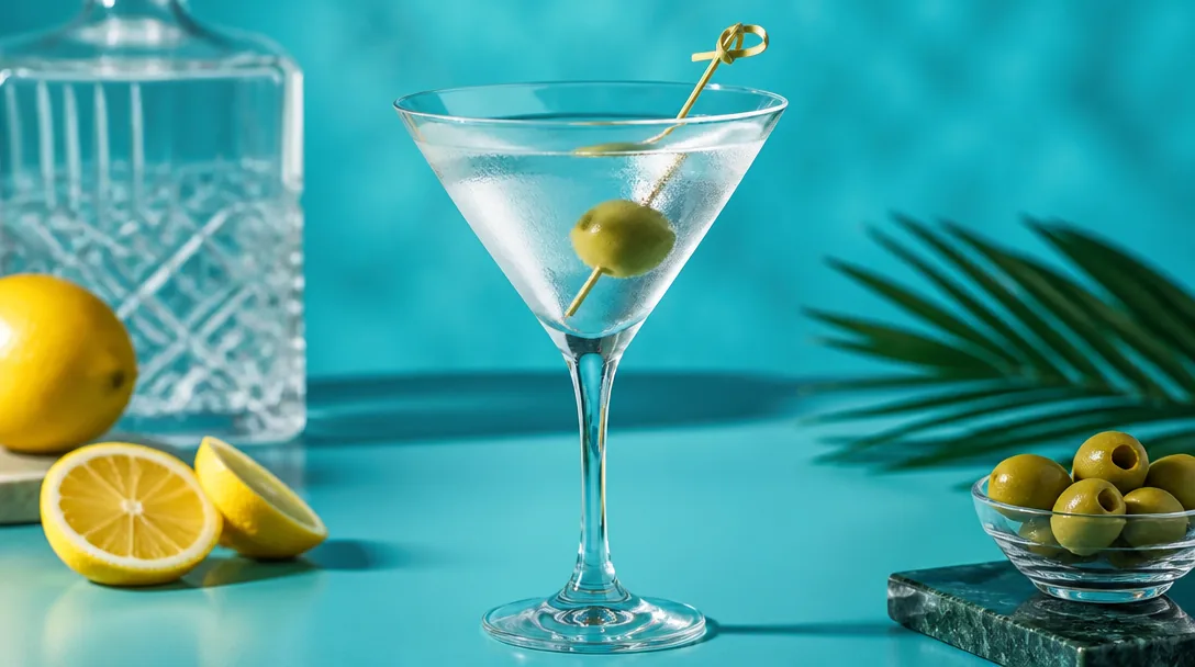 Dry martini i kylt martiniglas med grön oliv på cocktailpinne, iskall och klar