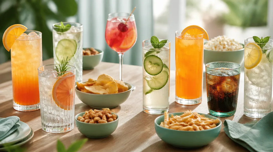 Ett uppdukat bord med svala long drinks, en alkoholfri spritz, läsk och skålar med snacks inför en VM-kväll