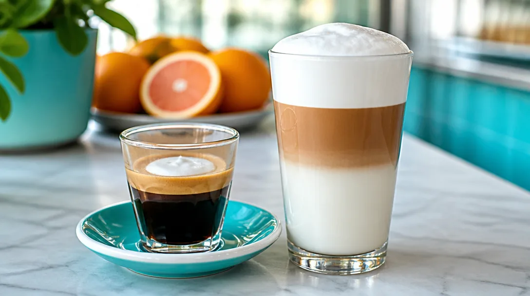 Espresso macchiato i espressokopp med mjölkskum på toppen