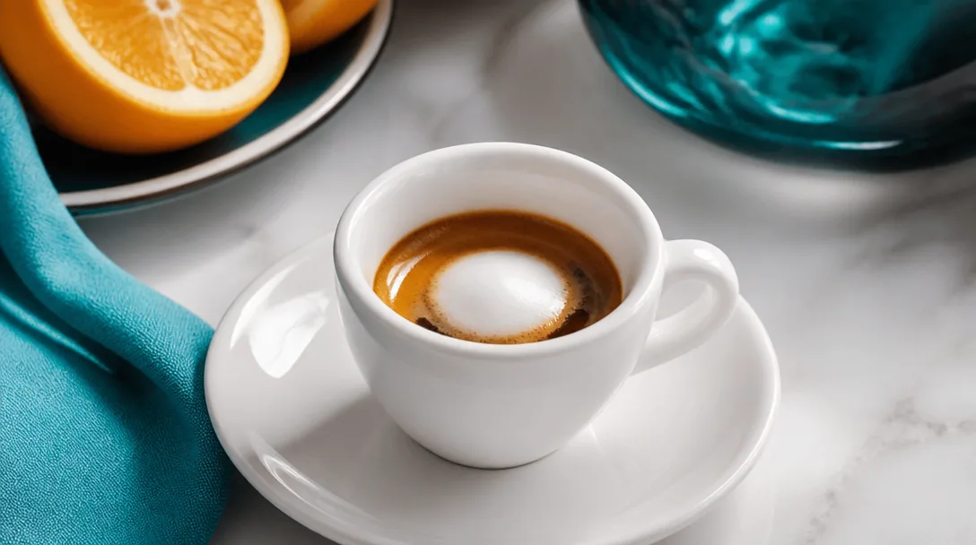 Espresso macchiato i förvärmd espressokopp med mjölkskum på toppen och fat