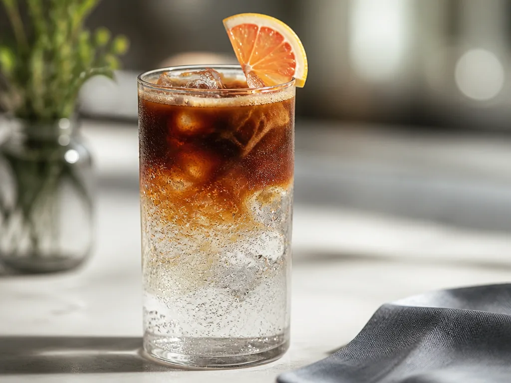 Ett glas espresso tonic med mörk espresso lagrad ovanpå ljus bubblig tonic, is och en citronskiva