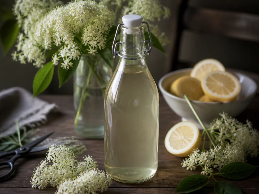 Hemgjord flädersaft i en glasflaska med färska fläderblommor och skivad citron på ett träbord
