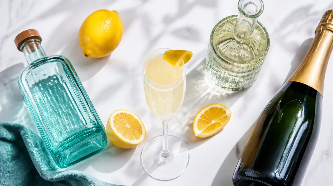 French 75 recept med ingredienser uppradade på ett bord