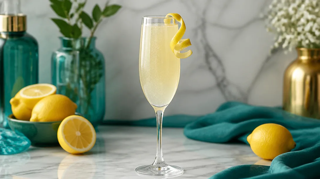 French 75 cocktail i en champagneflöjt med citrontvist och is mot mörk bakgrund
