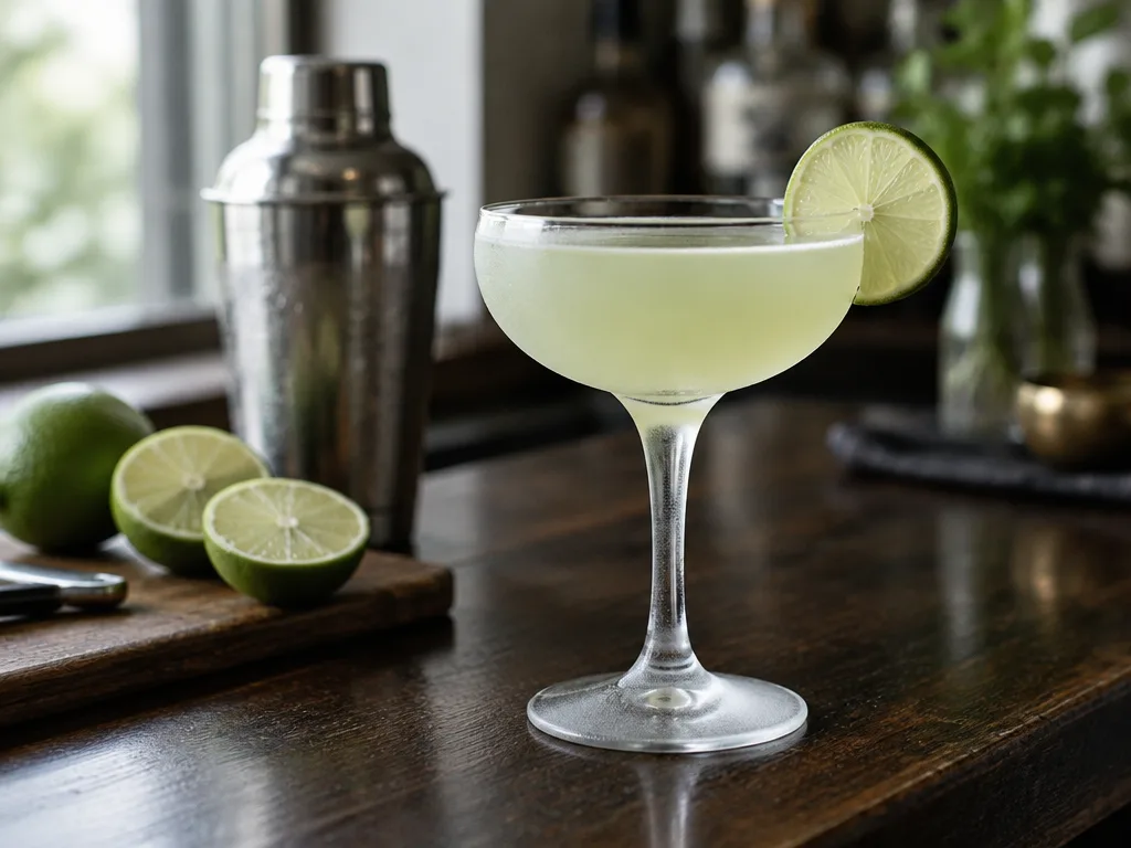 Ljusgrön gimlet i ett kylt coupeglas med en limeskiva på kanten, på en bardisk av mörkt trä med en cocktailshaker och halverade limefrukter i bakgrunden
