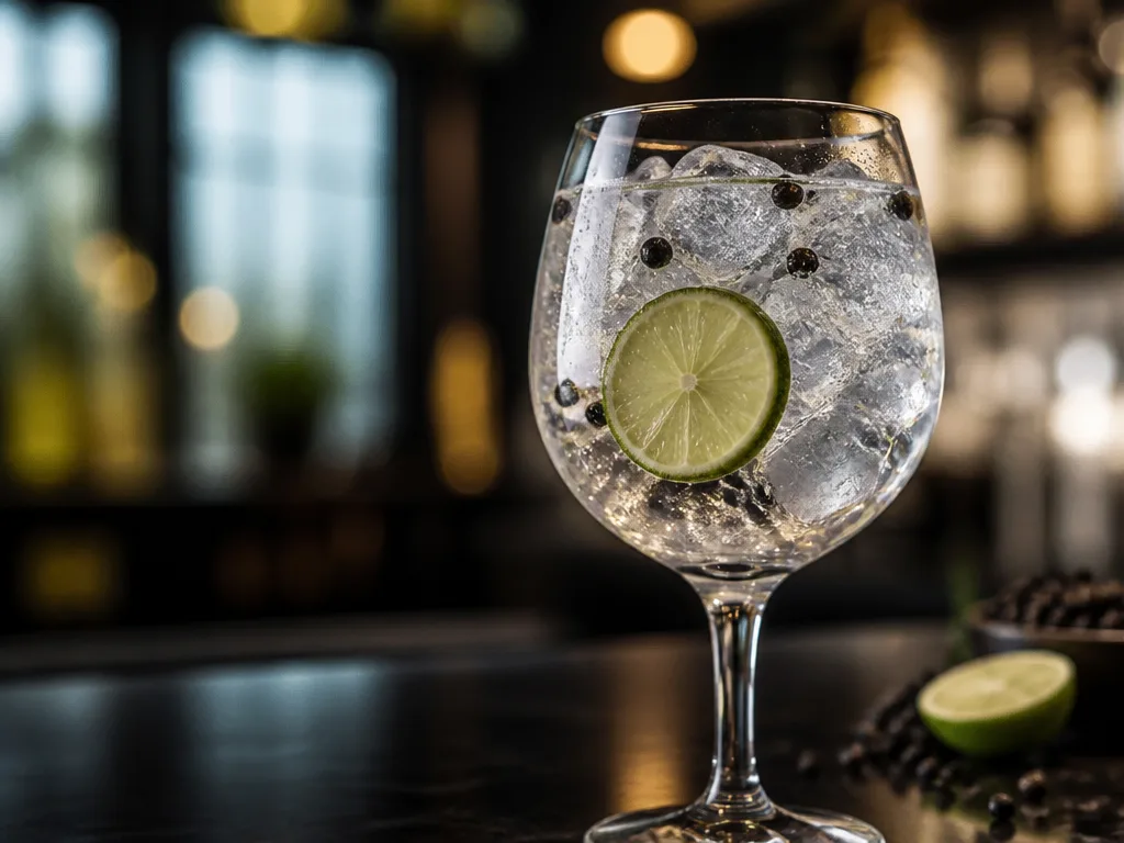 Gin och tonic i stort glas med is, limeskiva och enbär i stämningsfull barmiljö