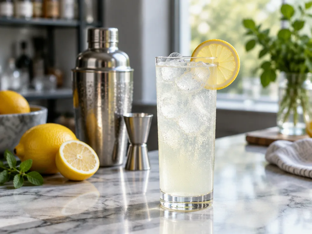 Gin fizz i ett högt glas med is och citronskiva, bredvid en cocktailshaker och färska citroner på en marmorbänk