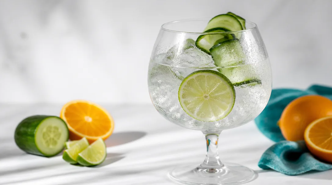 Gin och tonic i ett stort copa-glas med is, lime och gurka