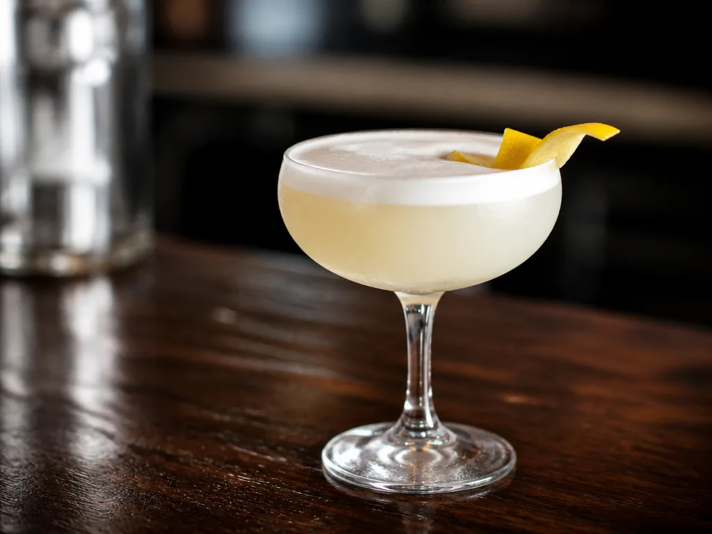 Gin Sour med tät skumkrona i ett coupeglas, garnerad med citronskal