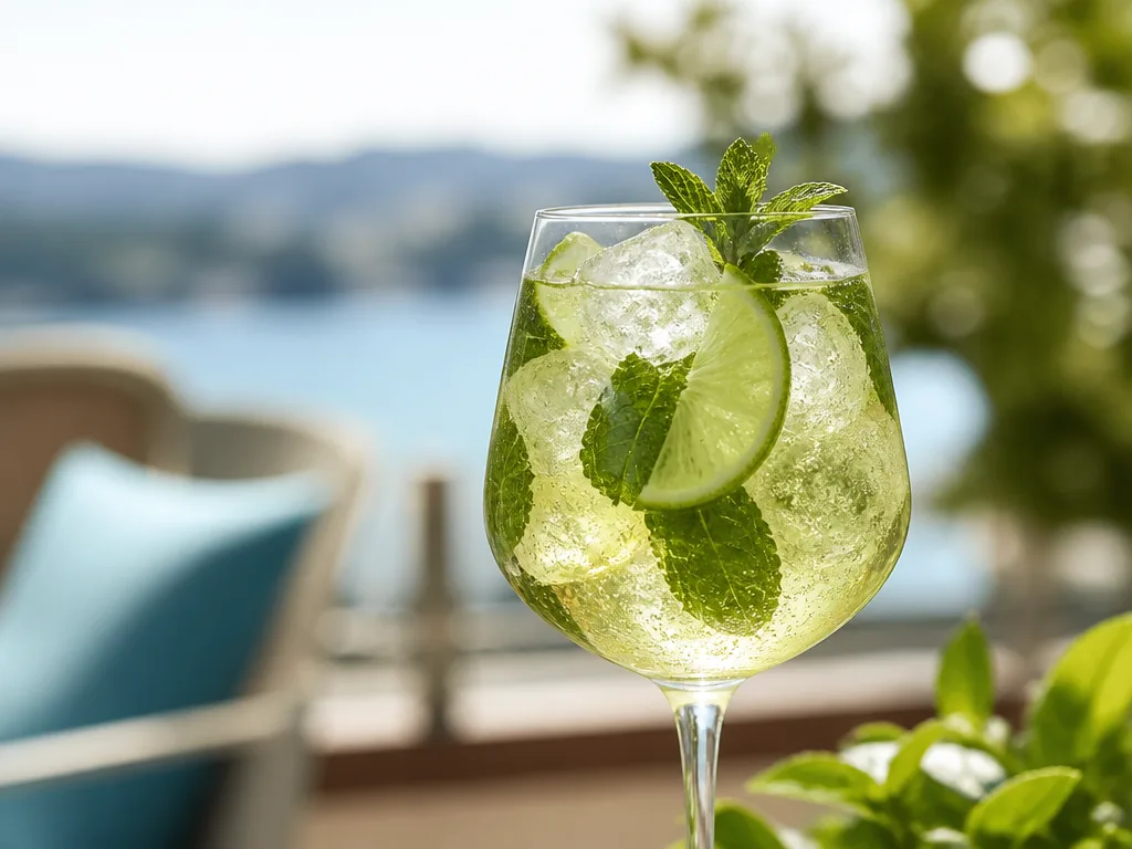 Hugo Spritz serveras i stort vinglas med is, mynta och lime