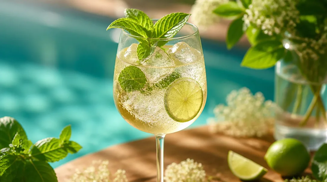 Hugo Spritz i stort vinglas med myntakvist, limeskiva och is i sommarljus