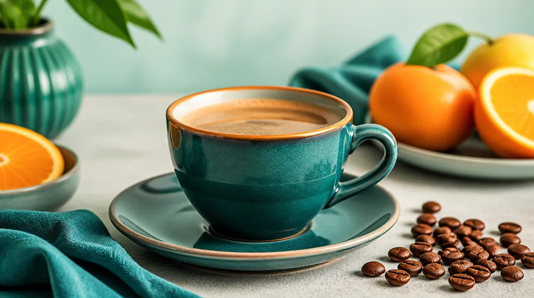 Kaffekopp med kaffebönor i fräsch ljus miljö