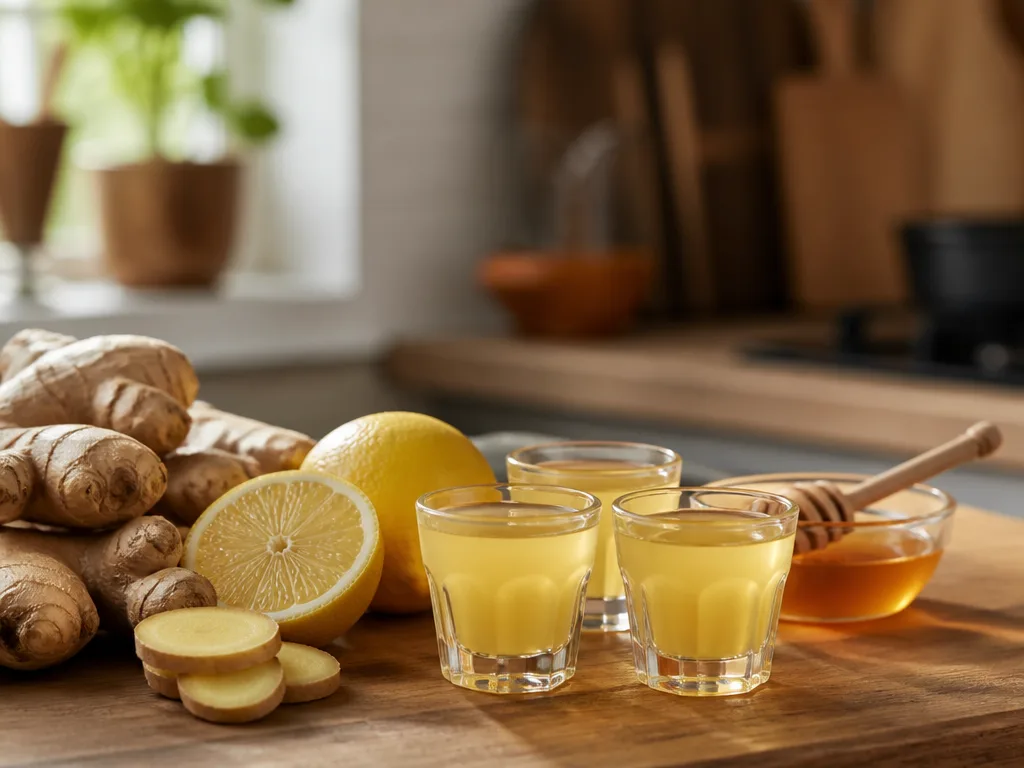 Små glas med klar, gyllenbrun ingefärsshot bredvid färsk ingefära, citron och honung på en köksbänk
