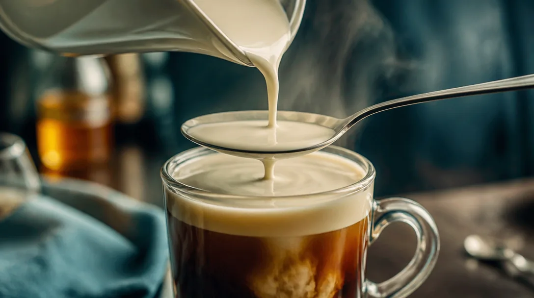 Irish Coffee i värmetåligt glas med gräddelager och kaffebönor på toppen