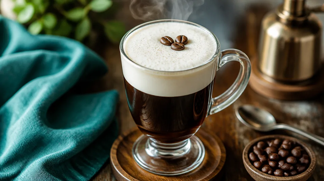 Irish Coffee i värmetåligt glas med gräddelager och kaffebönor på toppen
