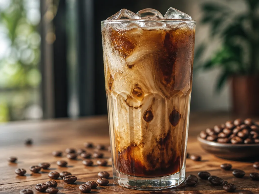 Högt glas med iskaffe, mjölkslinga och isbitar, bredvid kaffebönor på ett träbord