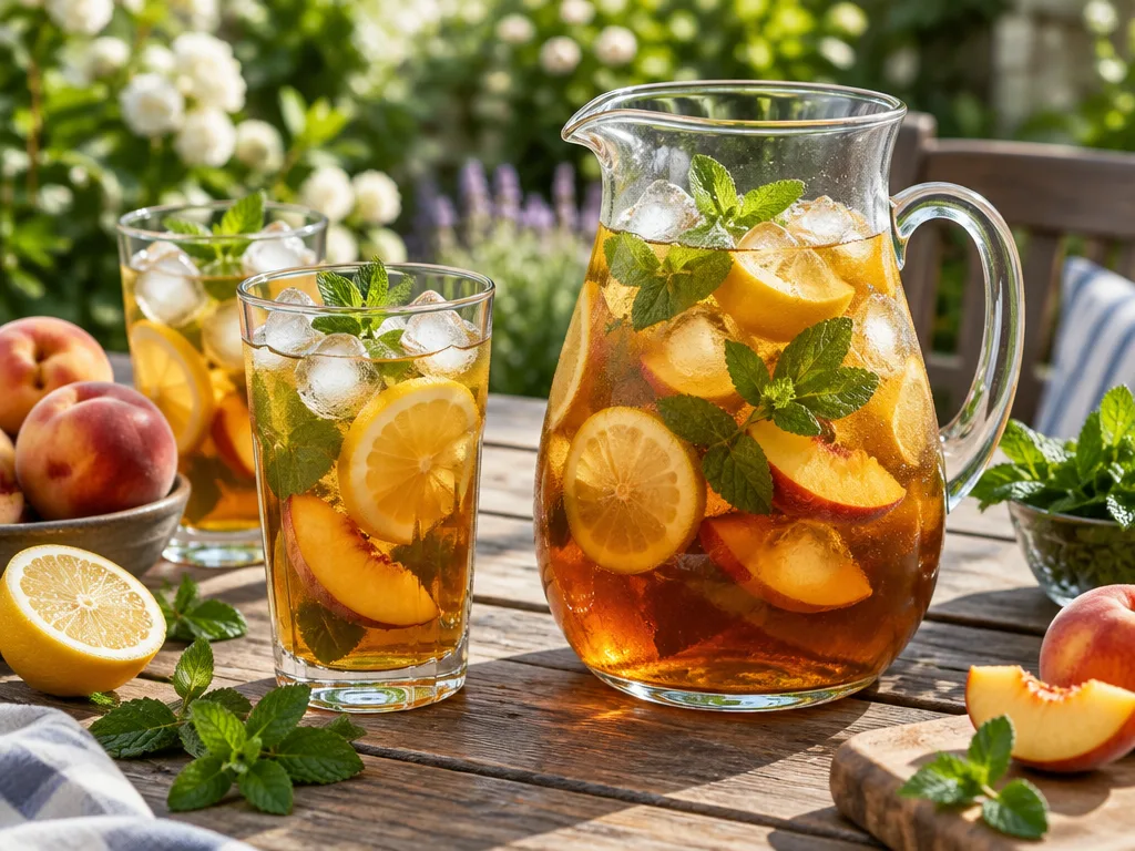 Glaskanna och höga glas med hemmagjort iste, citronskivor, persika och färsk mynta på ett trädgårdsbord