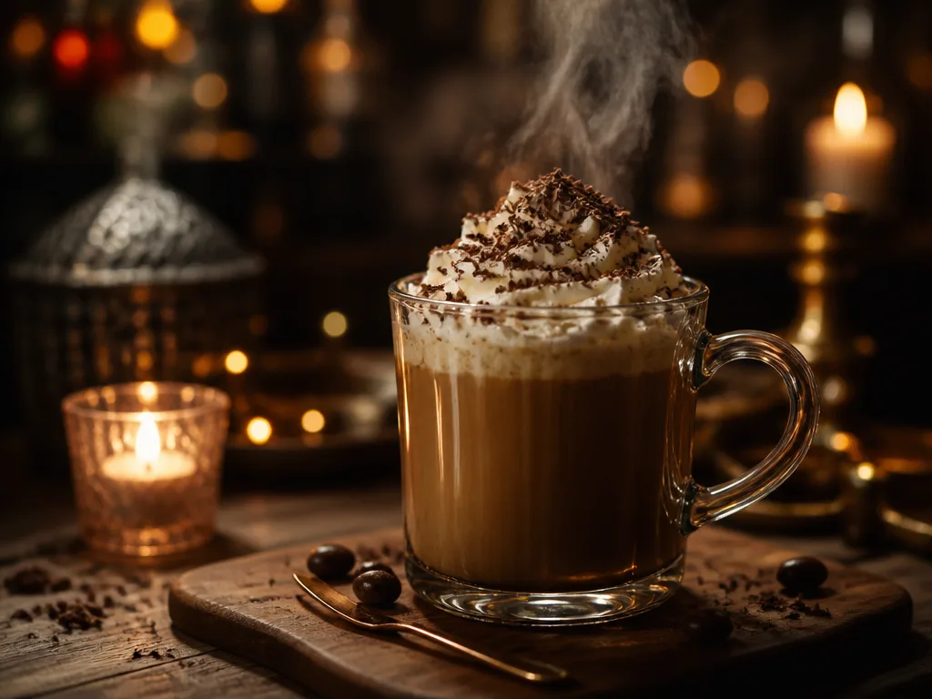 Varm kaffedrink med Baileys, toppad med lättvispad grädde och riven mörk choklad i ett glas